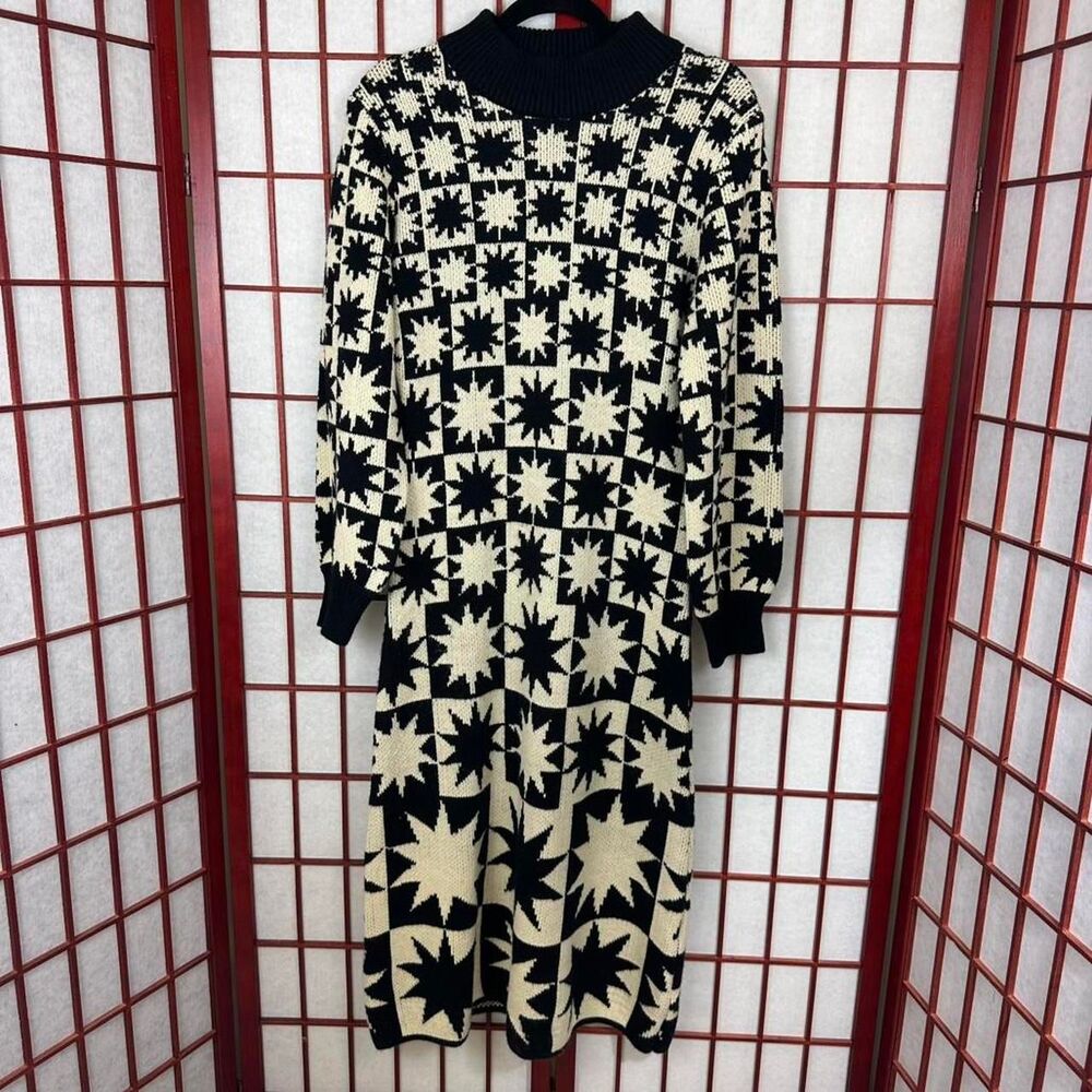Farm Rio Long Sleeve Mock Neck A Line Midi Dress Funky Star Pattern XS